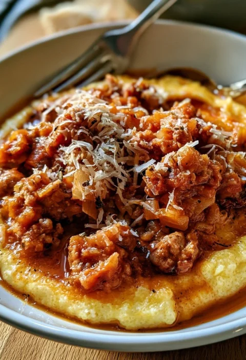 Polenta con ragù di salsiccia in un piatto tradizionale italiano