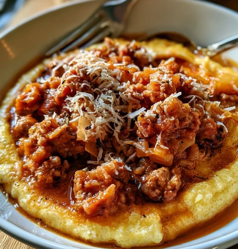 Polenta con ragù di salsiccia in un piatto tradizionale italiano