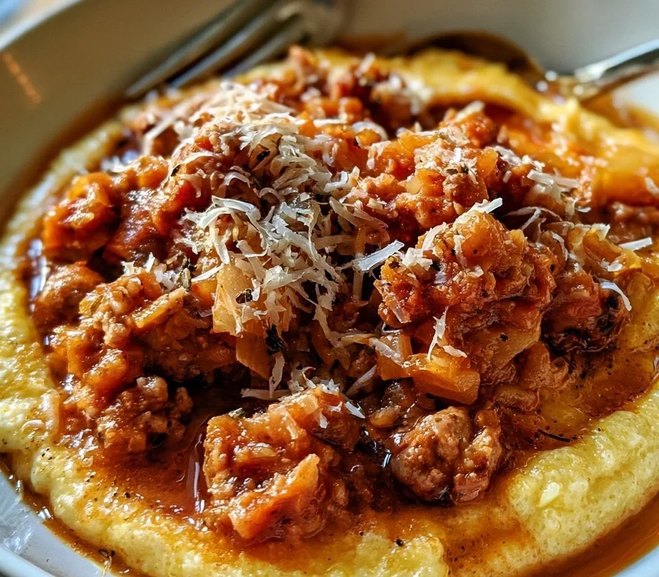 Polenta con ragù di salsiccia in un piatto tradizionale italiano