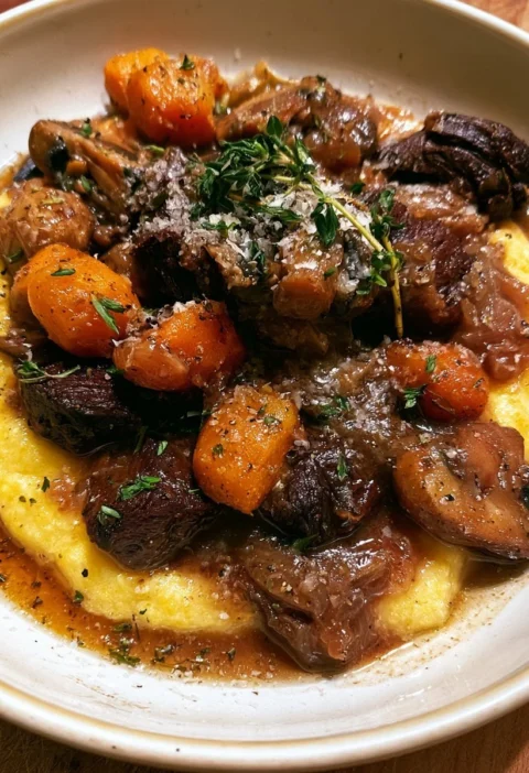 Piatto di polenta con spezzatino di manzo ai funghi gourmet