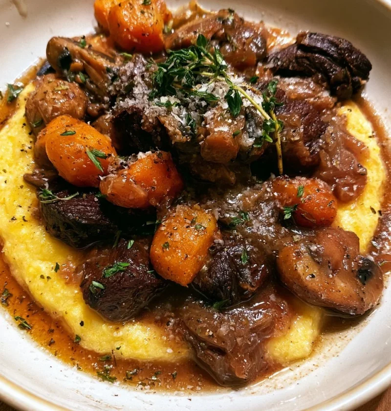 Piatto di polenta con spezzatino di manzo ai funghi gourmet