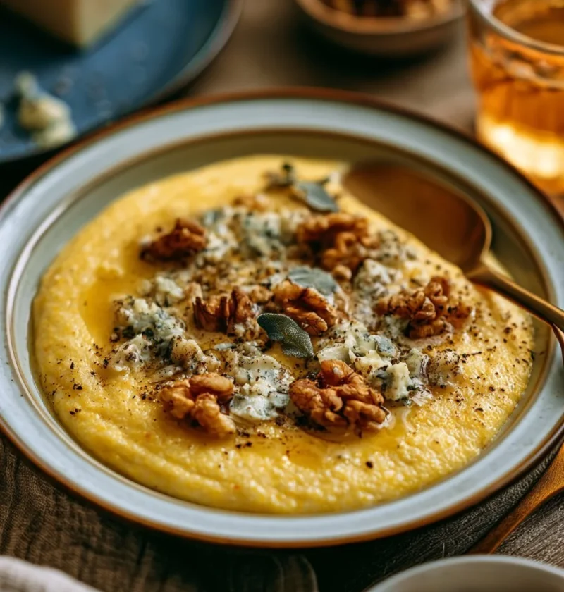Polenta cremosa al gorgonzola e noci, un piatto ricco e saporito