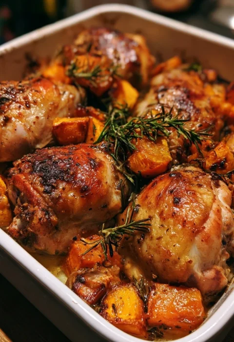 Pollo al forno con zucca e rosmarino pronto da servire