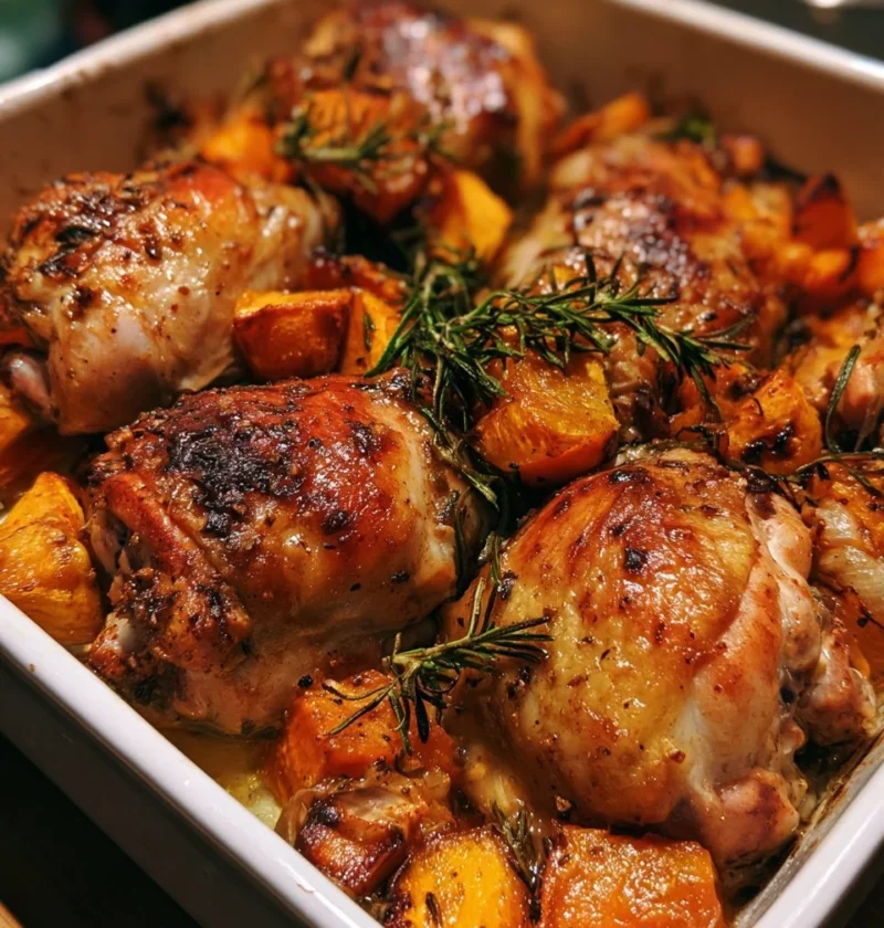Pollo al forno con zucca e rosmarino pronto da servire