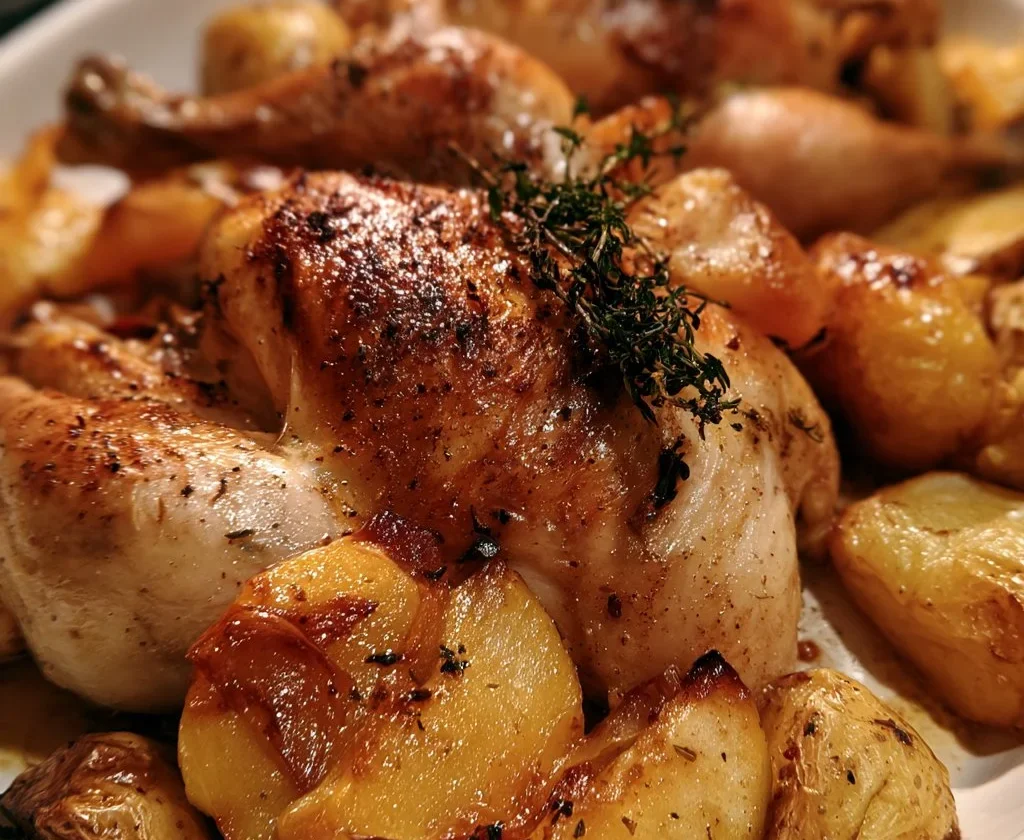 Pollo arrosto con mele, patate e timo servito su un piatto