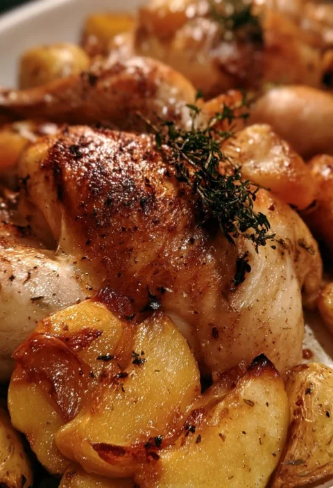 Pollo arrosto con mele, patate e timo servito su un piatto