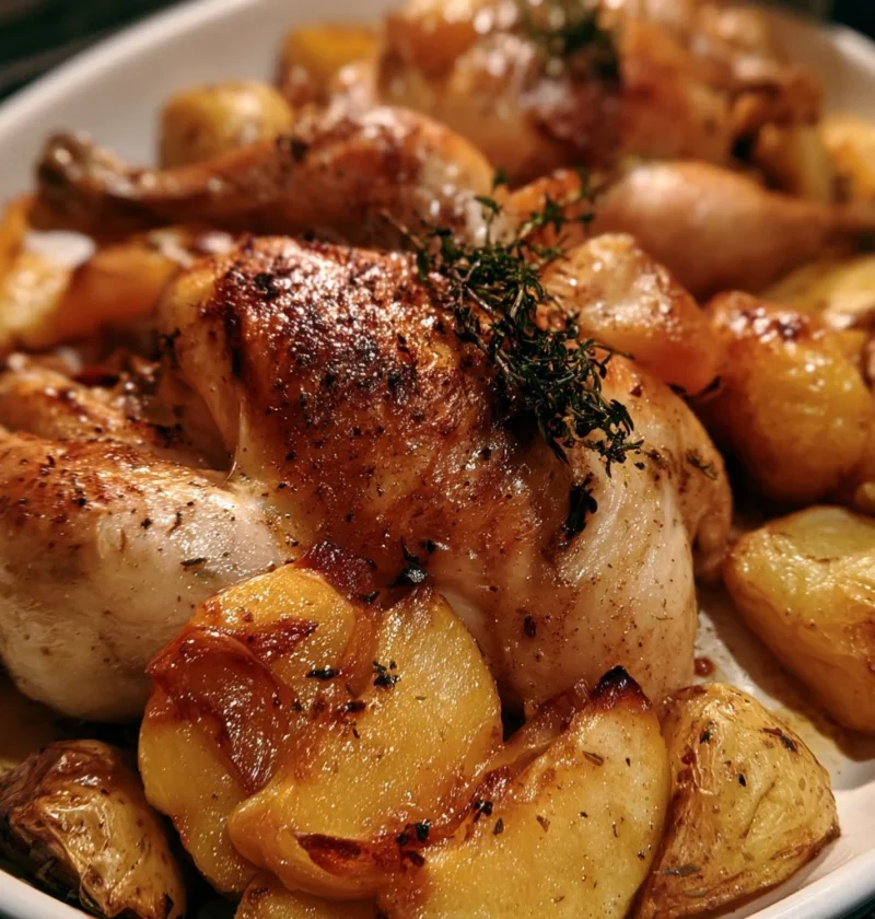 Pollo arrosto con mele, patate e timo servito su un piatto