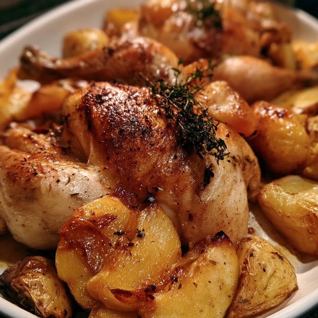 Pollo arrosto con mele, patate e timo servito su un piatto