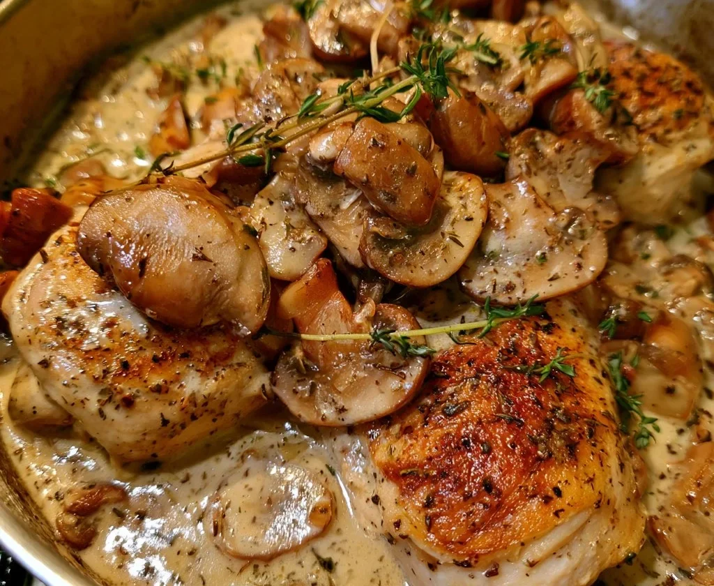 Pollo cremoso ai funghi e timo servito con contorni freschi