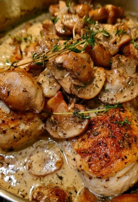 Pollo cremoso ai funghi e timo servito con contorni freschi
