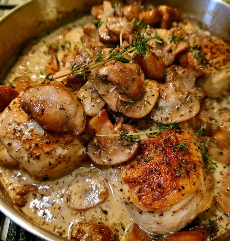 Pollo cremoso ai funghi e timo servito con contorni freschi