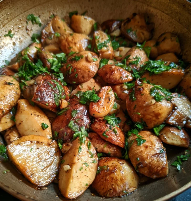 Porcini trifolati con aglio e prezzemolo in un piatto delizioso