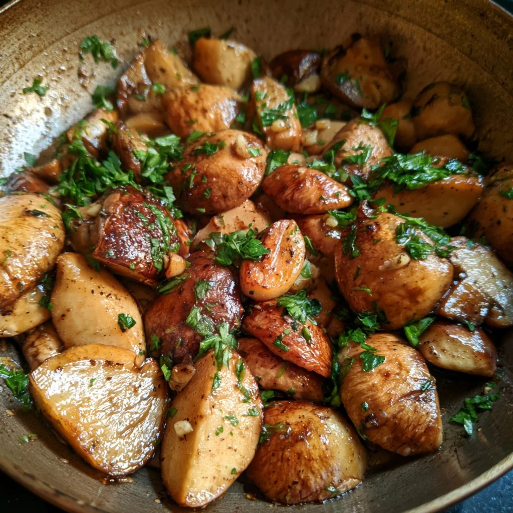 Porcini trifolati con aglio e prezzemolo in un piatto delizioso