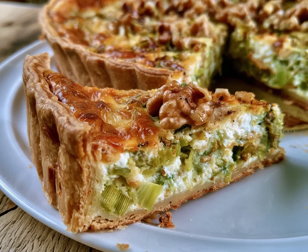 Quiche di porri, ricotta e noci appena sfornata, servita su un piatto