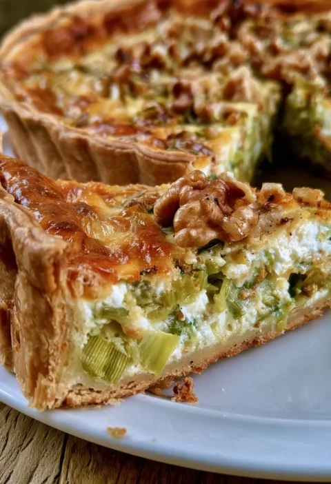 Quiche di porri, ricotta e noci appena sfornata, servita su un piatto