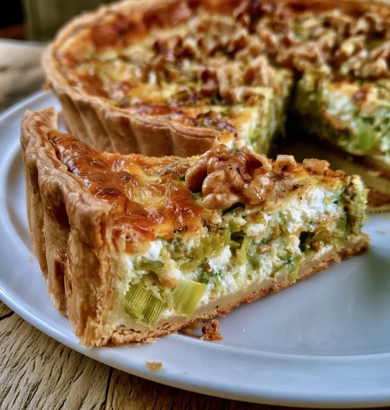 Quiche di porri, ricotta e noci appena sfornata, servita su un piatto