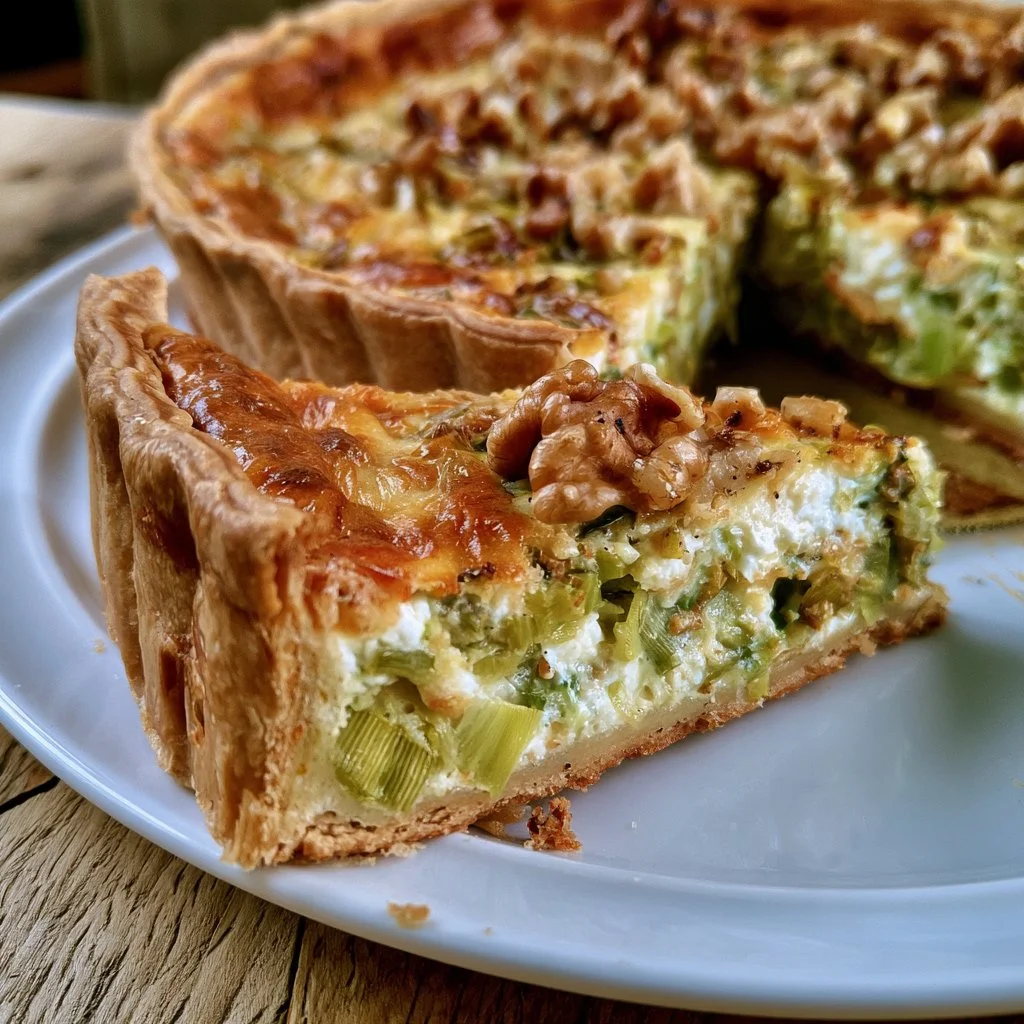 Quiche di porri, ricotta e noci appena sfornata, servita su un piatto