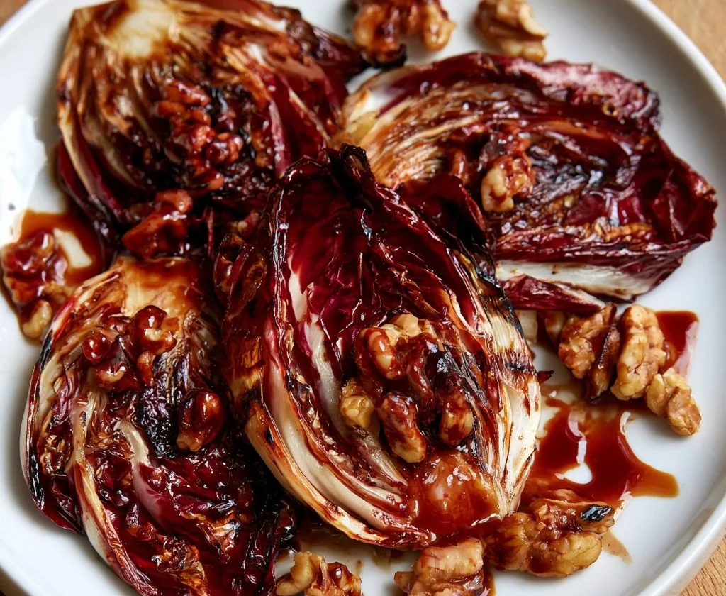 Radicchio grigliato con aceto balsamico e noci, piatto colorato e gustoso