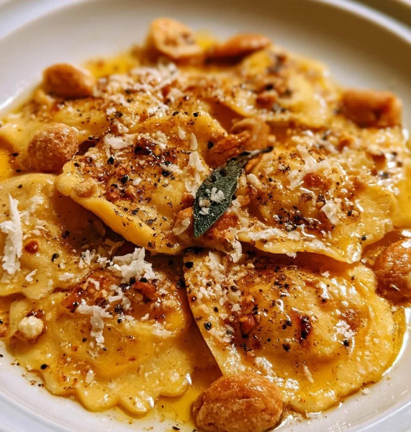 Ravioli di zucca con amaretti e burro nocciola serviti in un piatto elegante