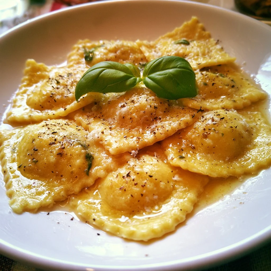 Ravioli ricotta e spinaci con salsa fresca, piatto italiano delizioso