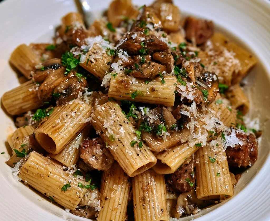 Rigatoni con funghi, salsiccia e pecorino in un piatto delizioso