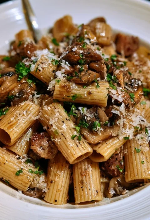 Rigatoni con funghi, salsiccia e pecorino in un piatto delizioso