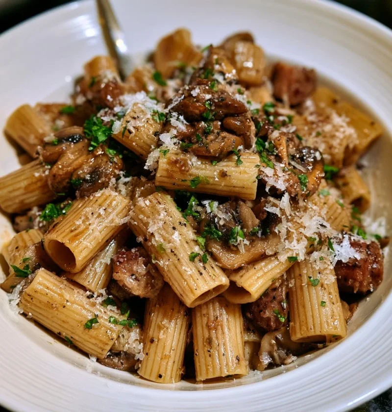 Rigatoni con funghi, salsiccia e pecorino in un piatto delizioso