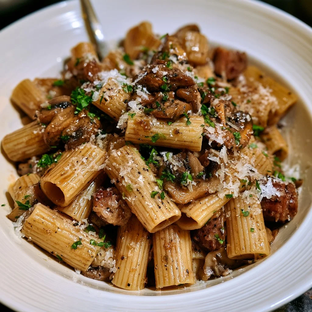 Rigatoni con funghi, salsiccia e pecorino in un piatto delizioso