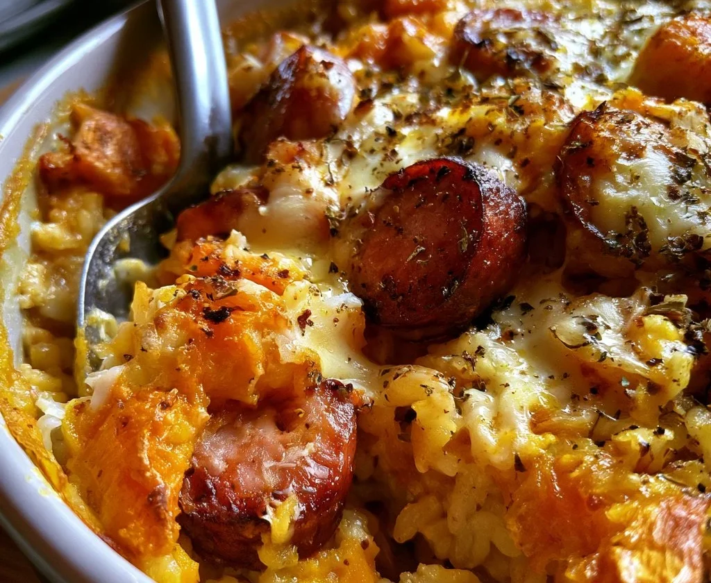 Riso al forno con zucca, provola e salsiccia, piatto gustoso e cremoso