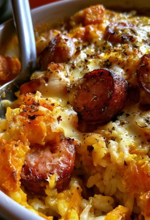 Riso al forno con zucca, provola e salsiccia, piatto gustoso e cremoso