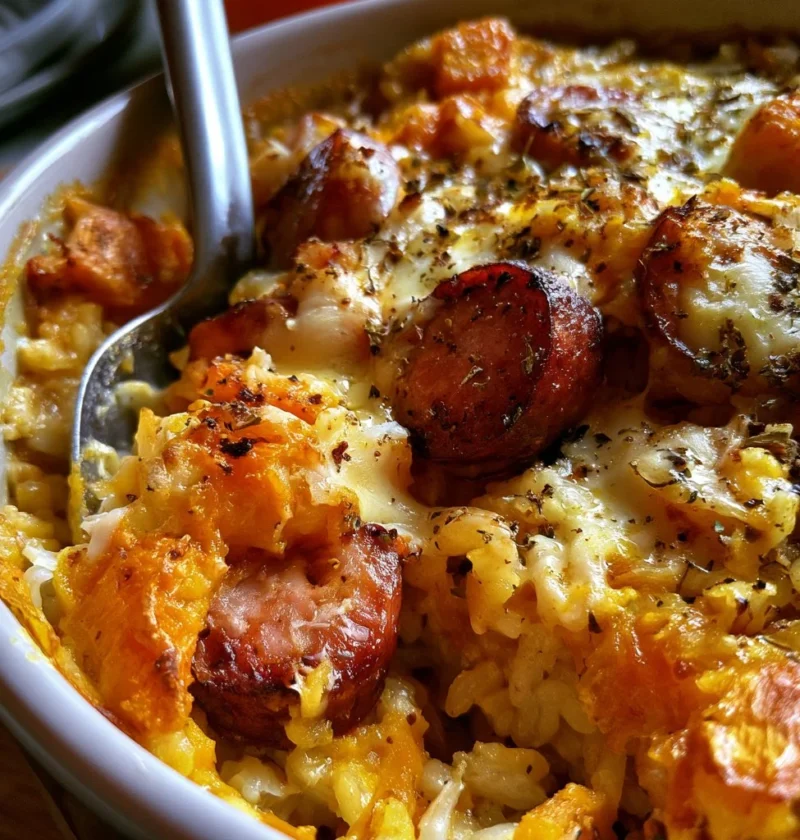 Riso al forno con zucca, provola e salsiccia, piatto gustoso e cremoso