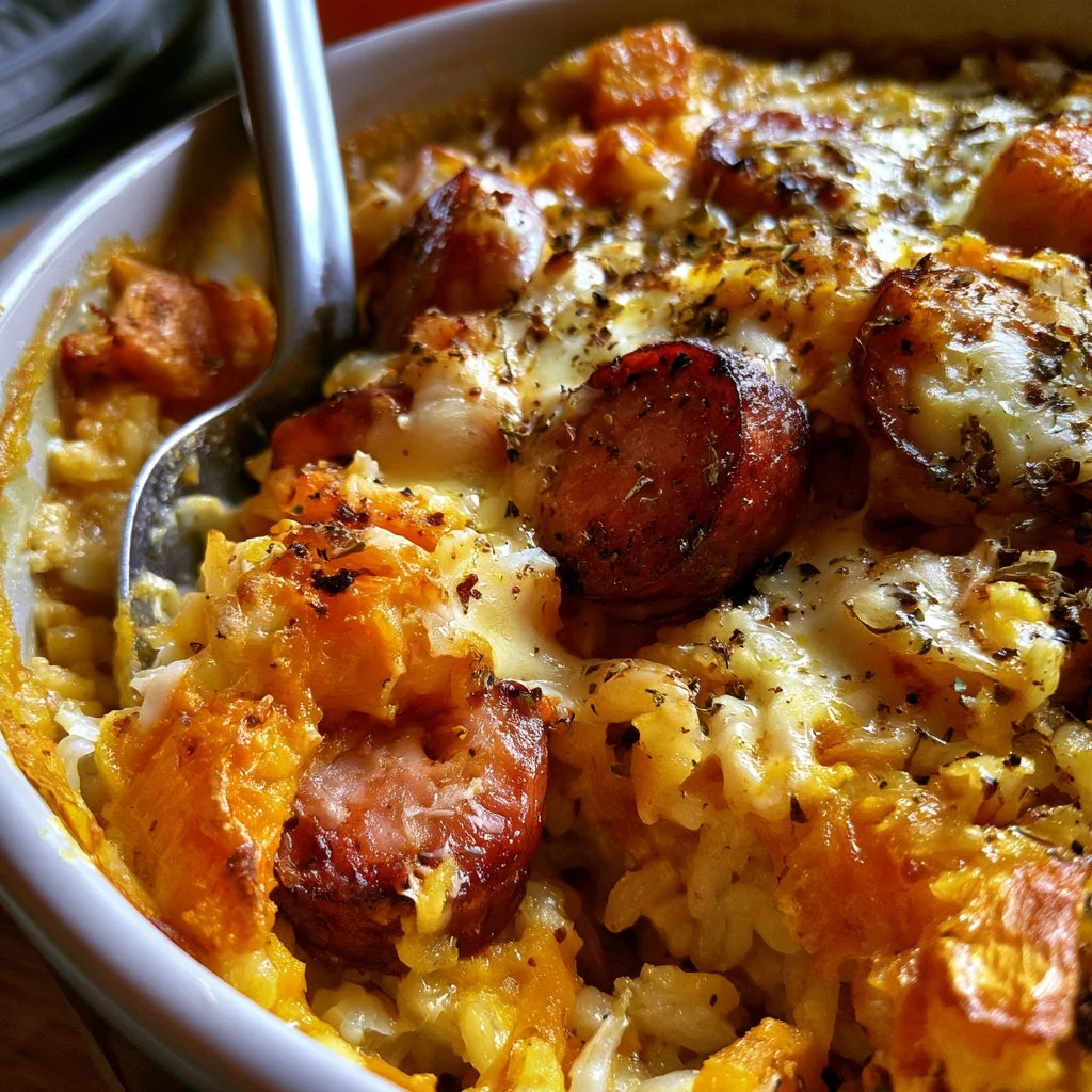 Riso al forno con zucca, provola e salsiccia, piatto gustoso e cremoso