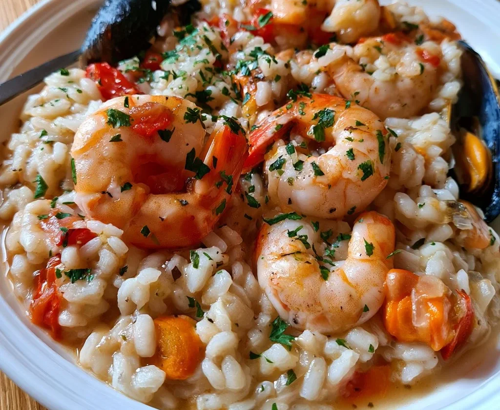 Piatto di risotto ai frutti di mare con gamberi, cozze e vongole
