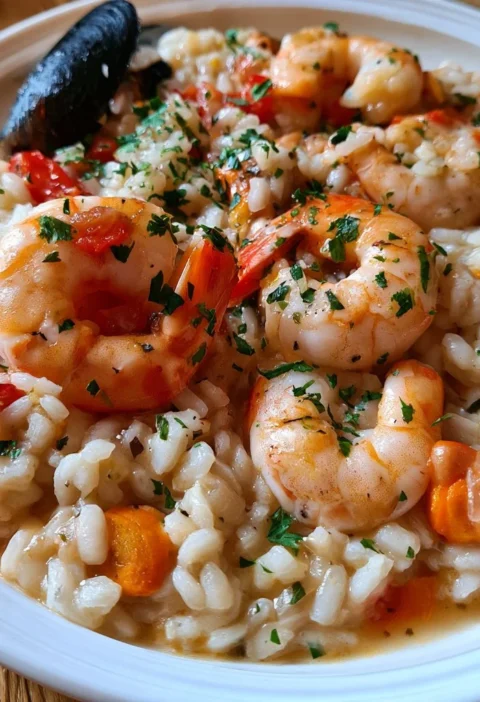 Piatto di risotto ai frutti di mare con gamberi, cozze e vongole