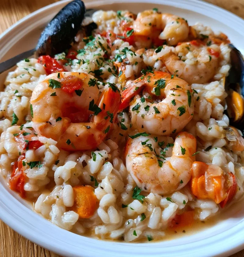 Piatto di risotto ai frutti di mare con gamberi, cozze e vongole