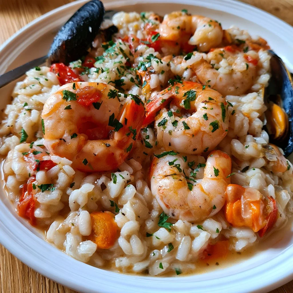 Piatto di risotto ai frutti di mare con gamberi, cozze e vongole