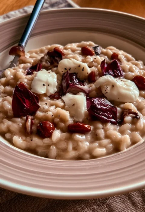 Risotto al radicchio e scamorza servito in un piatto elegante.