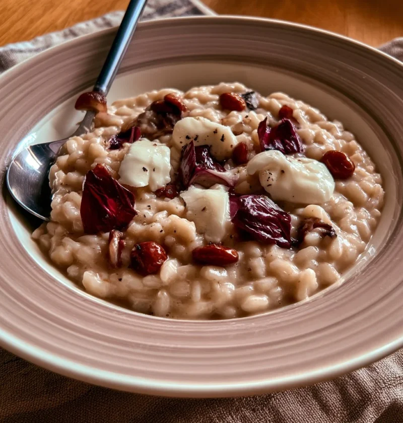 Risotto al radicchio e scamorza servito in un piatto elegante.