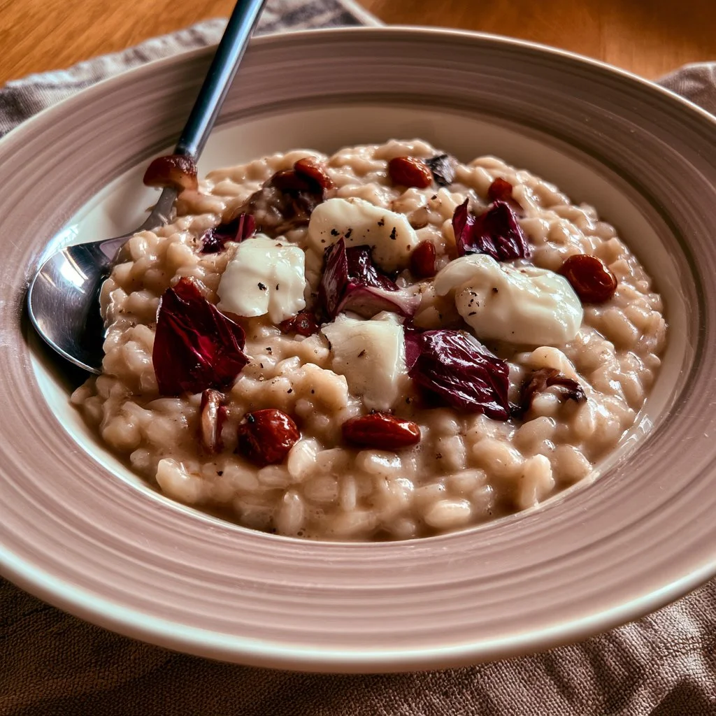 Risotto al radicchio e scamorza servito in un piatto elegante.