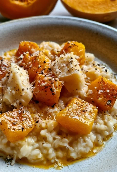 Risotto alla zucca e Taleggio con ingredienti freschi e cremosi.