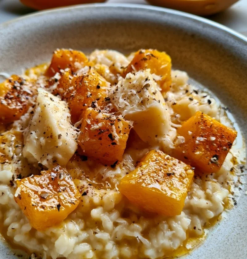 Risotto alla zucca e Taleggio con ingredienti freschi e cremosi.