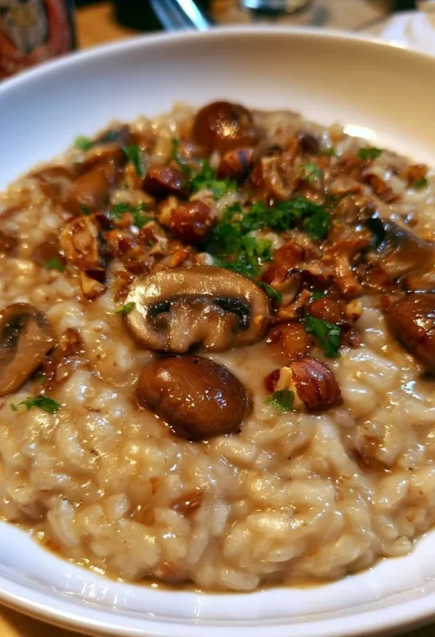 Risotto cremoso con funghi e nocciole pronto da servire