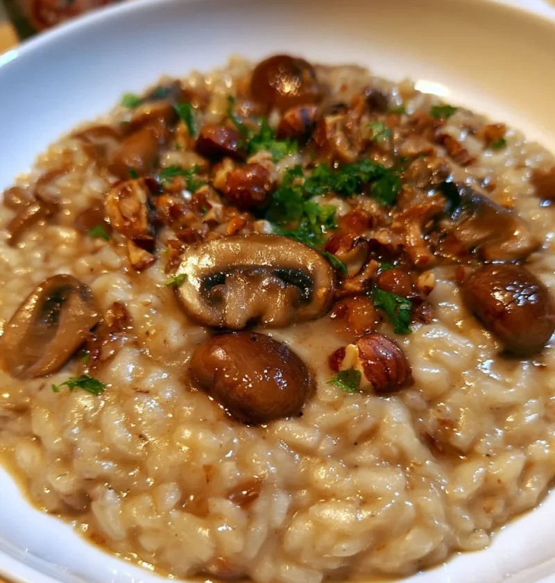 Risotto cremoso con funghi e nocciole pronto da servire