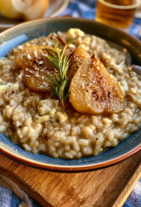 Risotto cremoso con pere, gorgonzola e rosmarino in un piatto elegante.