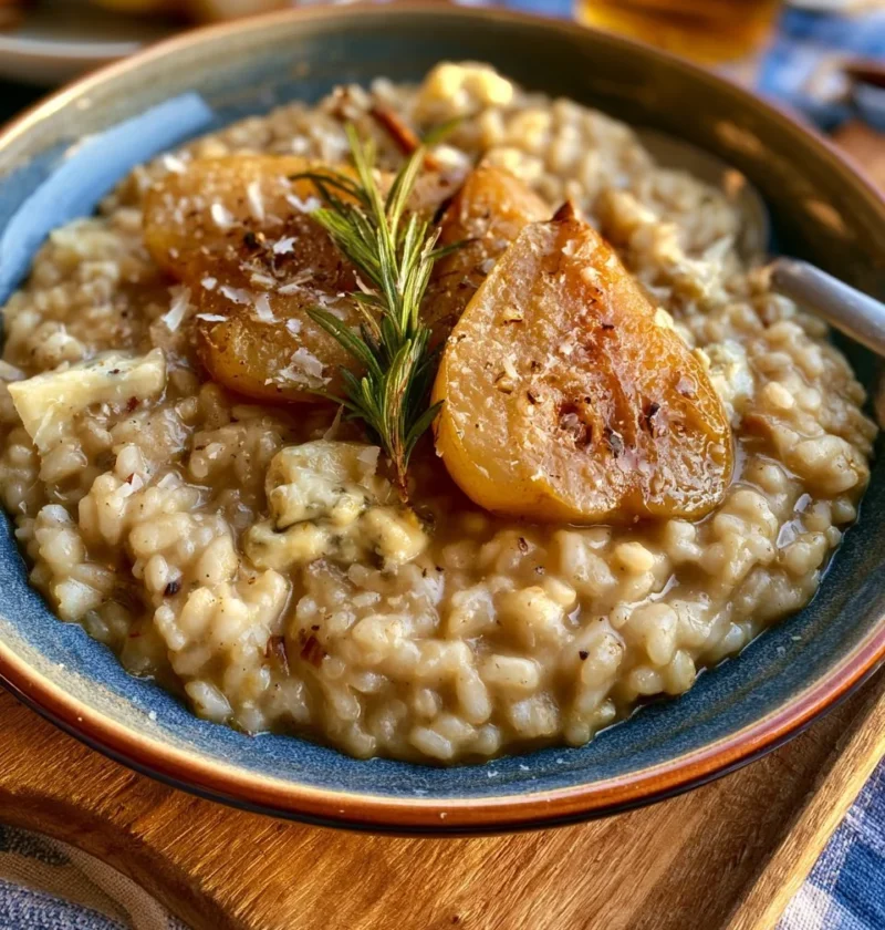 Risotto cremoso con pere, gorgonzola e rosmarino in un piatto elegante.
