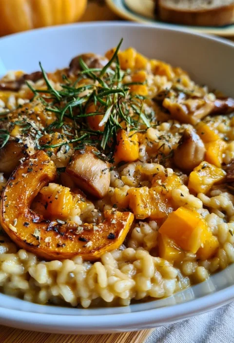Risotto zucca, castagne e rosmarino servito in un piatto elegante