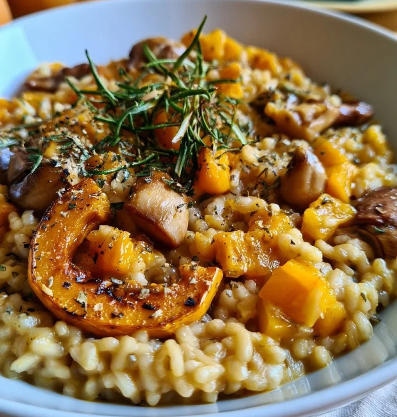 Risotto zucca, castagne e rosmarino servito in un piatto elegante