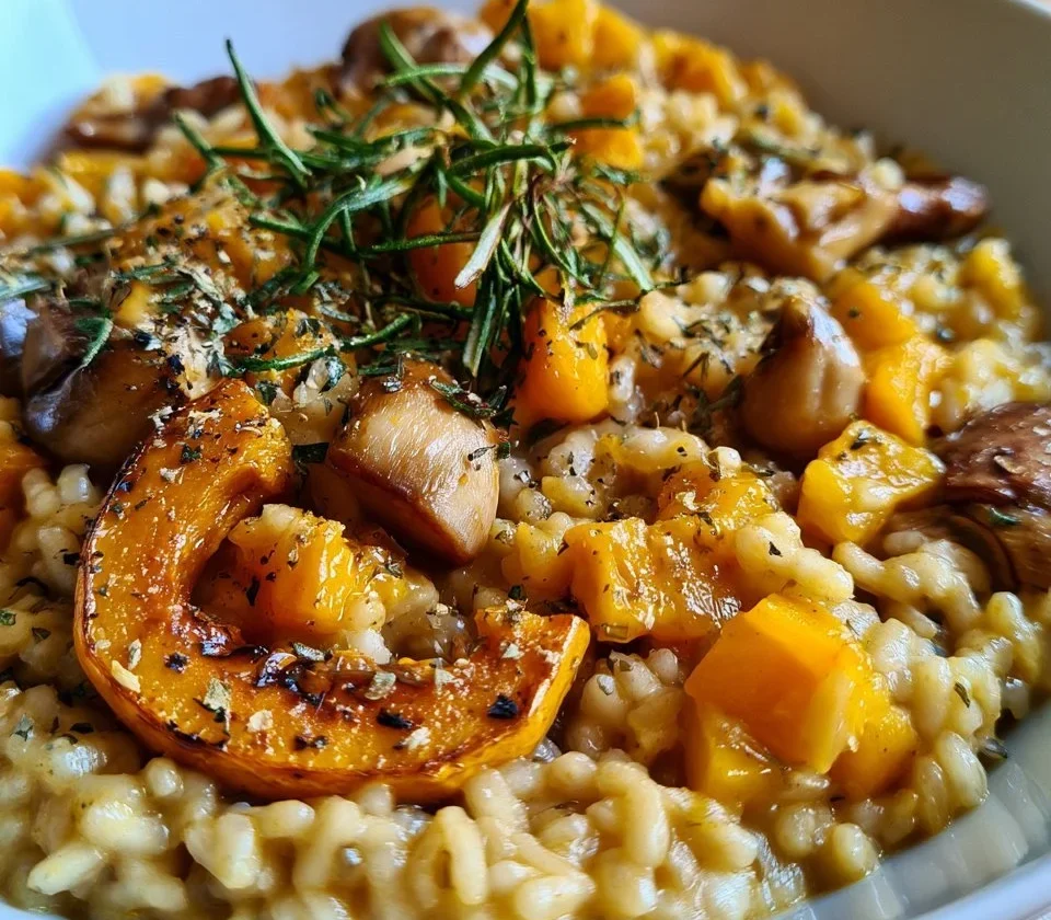 Risotto zucca, castagne e rosmarino servito in un piatto elegante