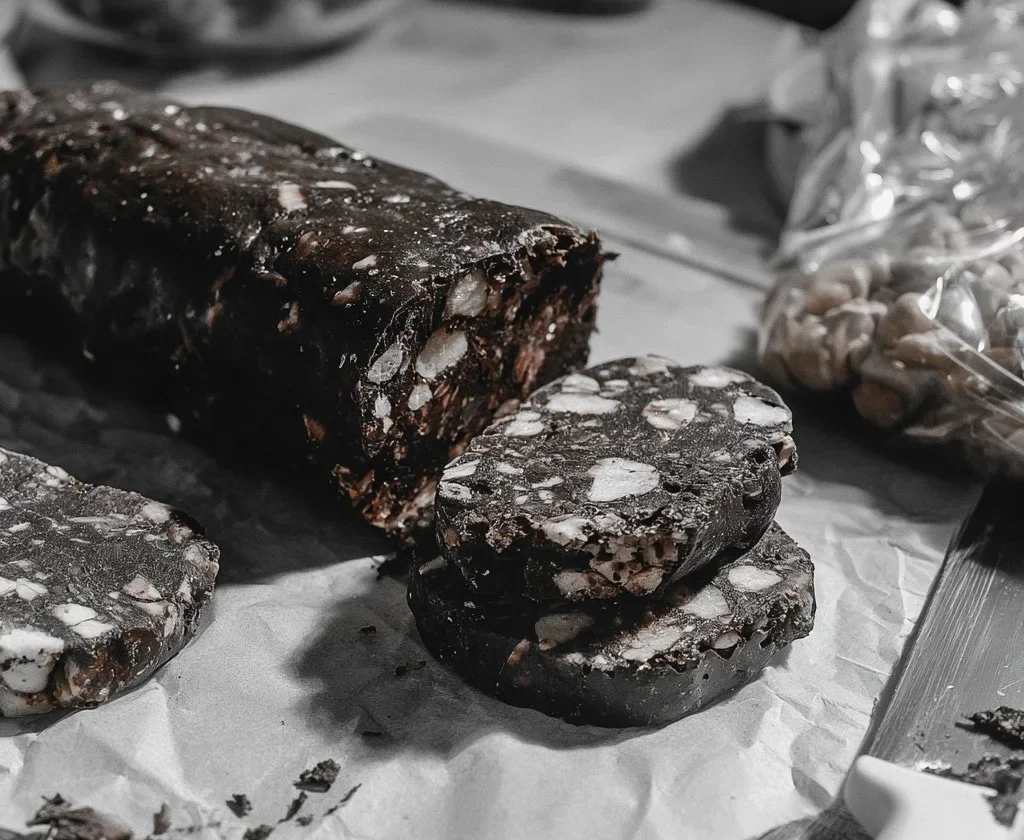 Salame di cioccolato tagliato a fette su un piatto