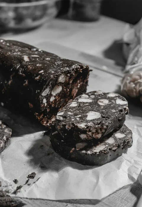 Salame di cioccolato tagliato a fette su un piatto